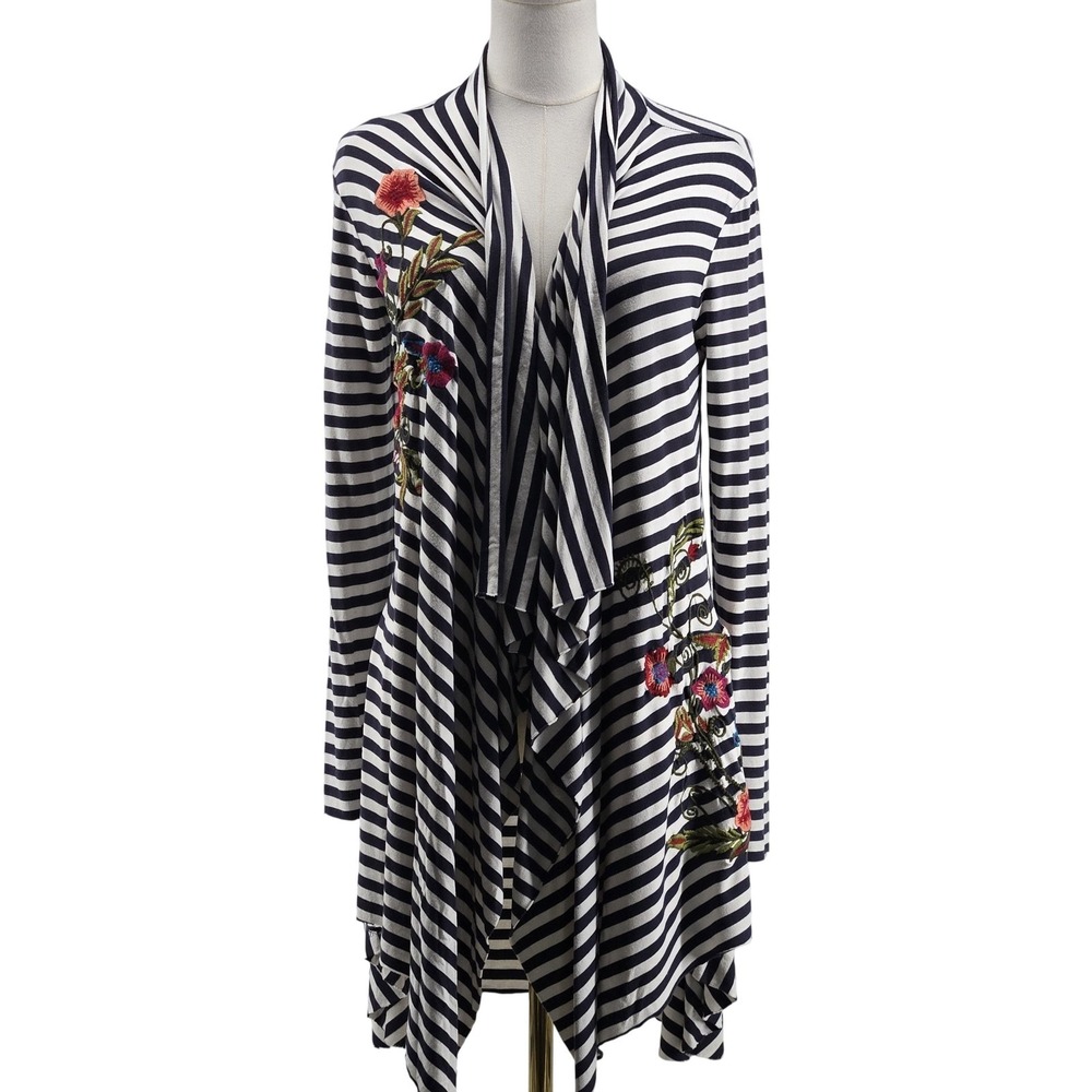 CAITE Cardigan‎ Womens S Oversized Black Striped Embroidered Open Lightweight